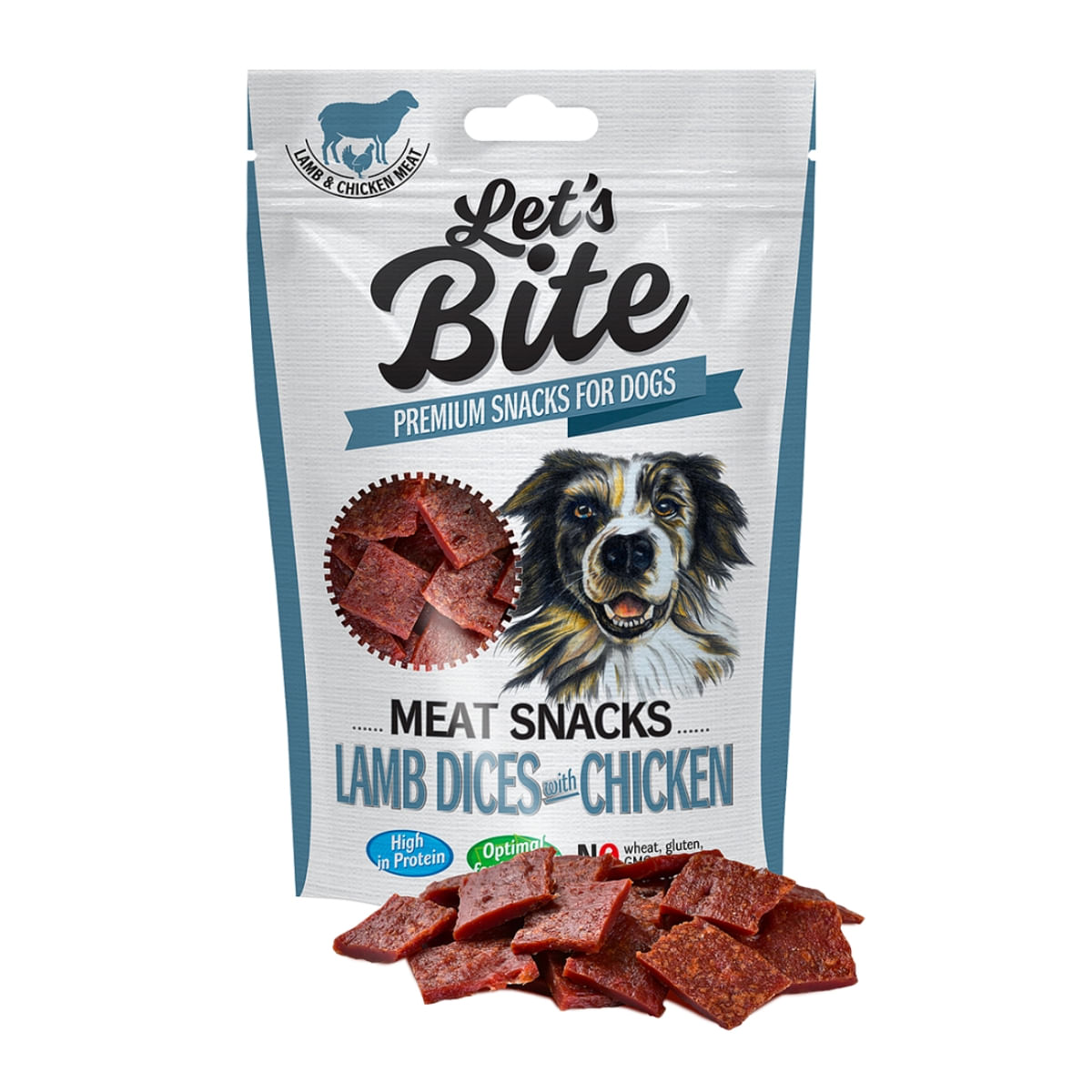 BRIT Let\'s Bite Meat Snacks Lamb Dices with Chicken, Miel și Pui, recompense fără cereale câini, cuburi de carne, 80g