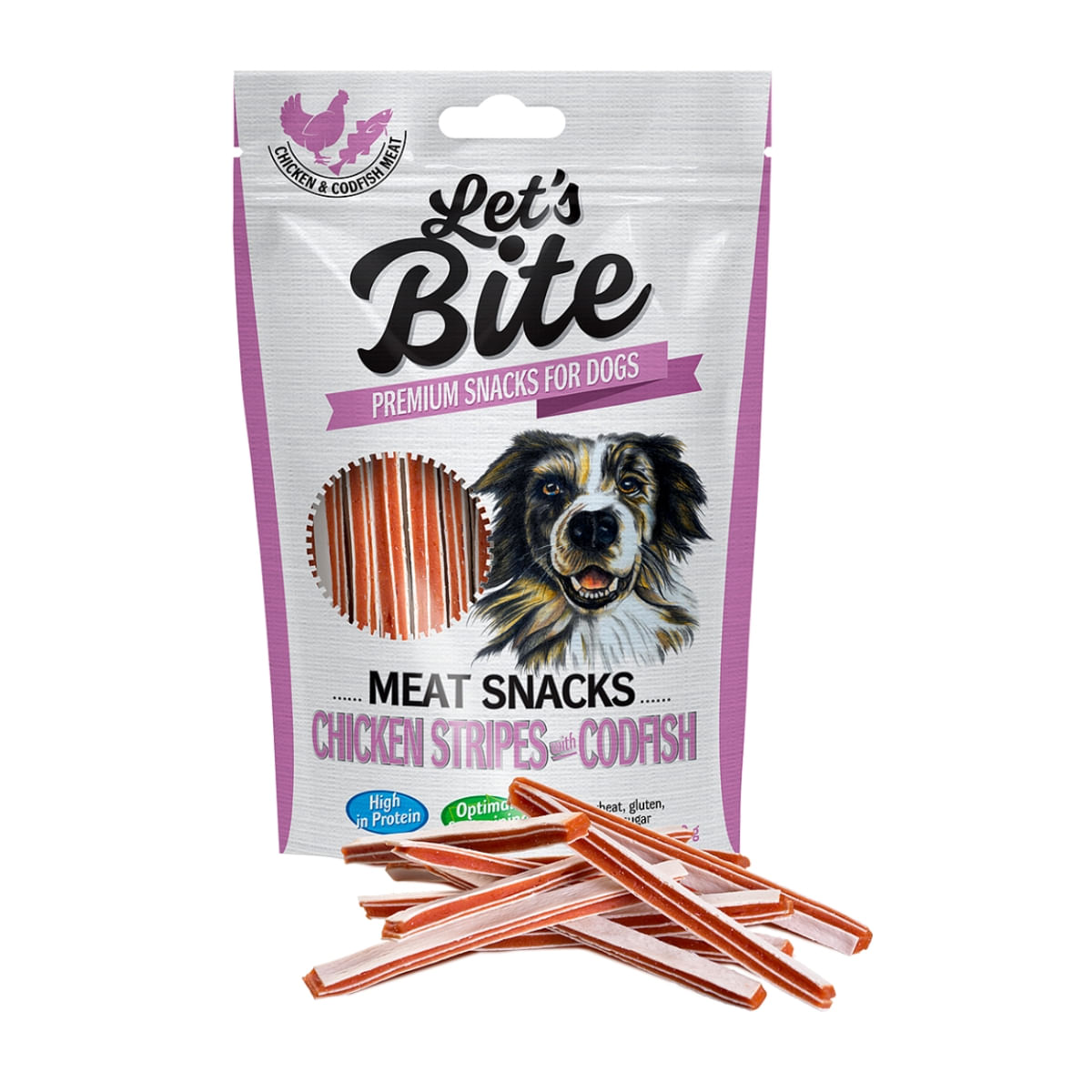 BRIT Let\'s Bite Meat Snacks Chicken Stripes with Codfish, Pui și Cod, recompense fără cereale câini, bucăți de carne, 80g