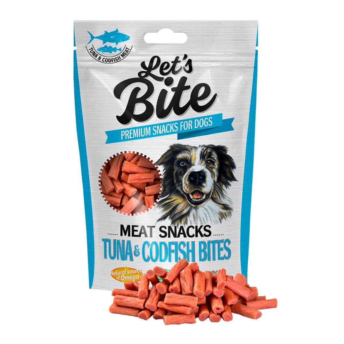 BRIT Let\'s Bite Meat Snacks Tuna & Codfish Bites, Ton și Cod, recompense fără cereale câini, bucăți de carne, 80g