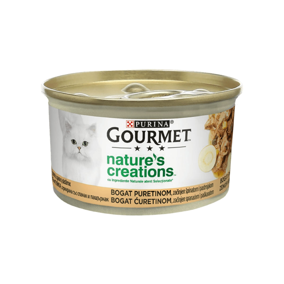 PURINA Gourmet Nature\'s Creations, Curcan cu Păstârnac și Spanac, conservă hrană umedă pisici, 85g