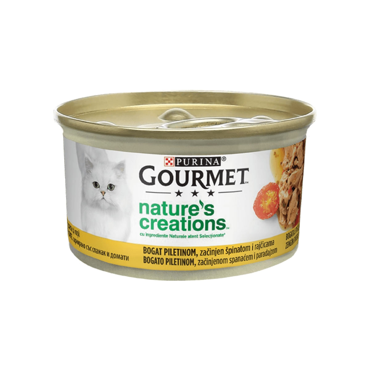 PURINA Gourmet Nature\'s Creations, Pui cu Spanac și Roșii, conservă hrană umedă pisici, 85g