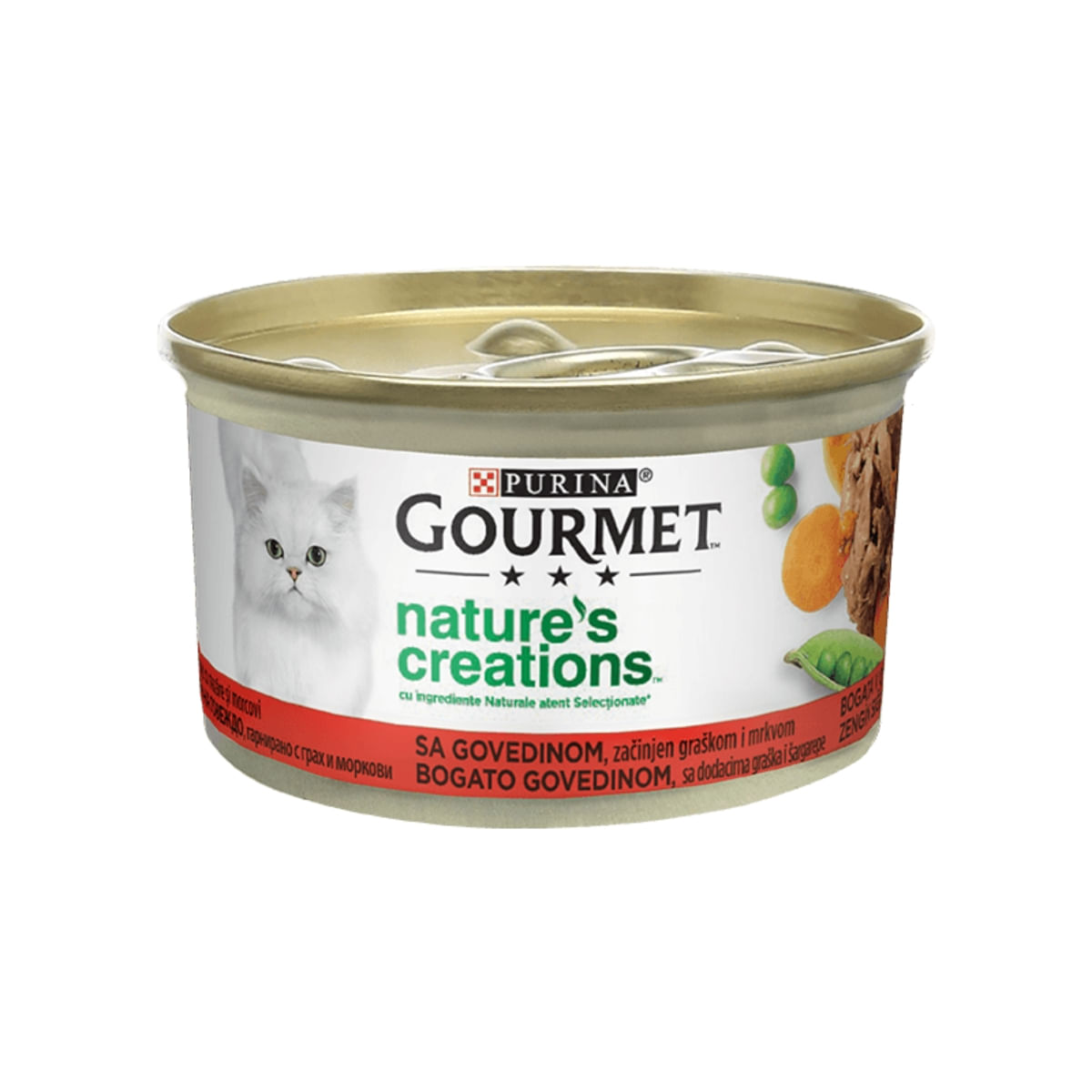 PURINA Gourmet Nature\'s Creations, Vită cu Mazăre și Morcov, conservă hrană umedă pisici, 85g