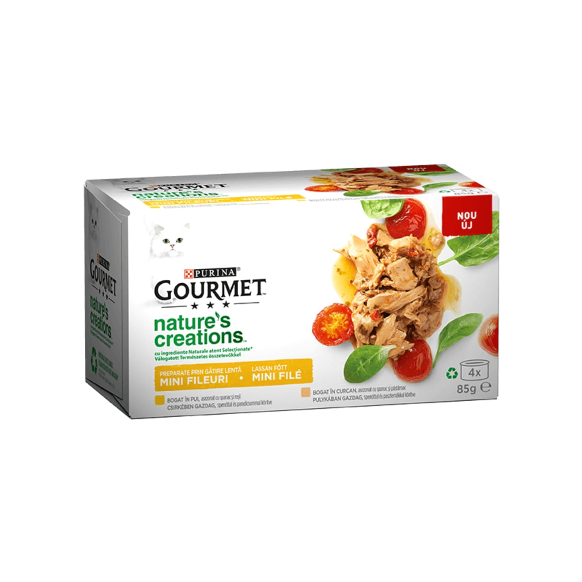 PURINA Gourmet Nature\'s Creations, 2 arome (Pui cu Spanac, Curcan cu Păstârnac), pachet mixt, conservă hrană umedă pisici, 85g x 4 - 3 | YEO