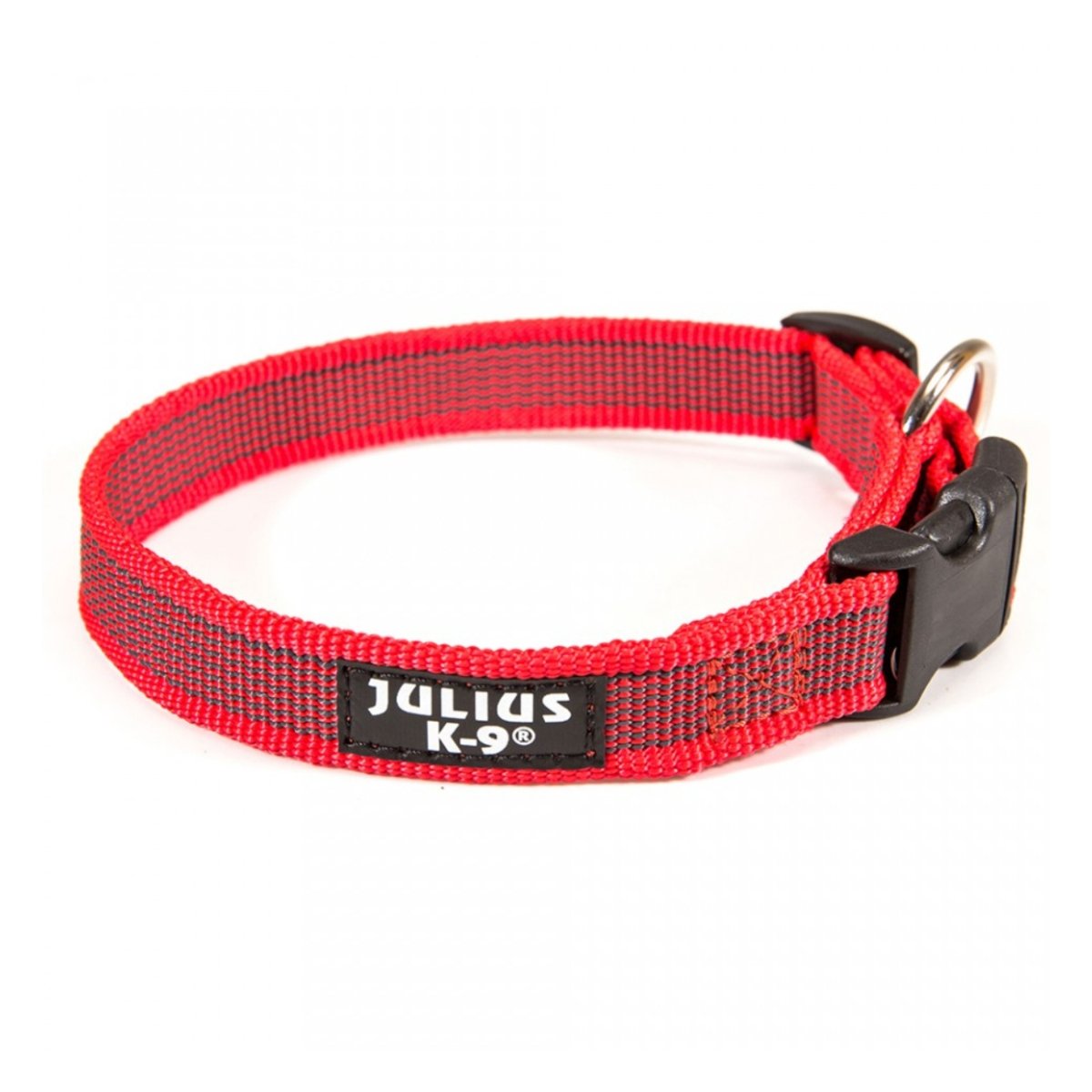 JULIUS-K9 Color & Gray, zgardă ajustabilă cu mâner câini, nylon, 20mm x 27-42cm, roșu cu gri