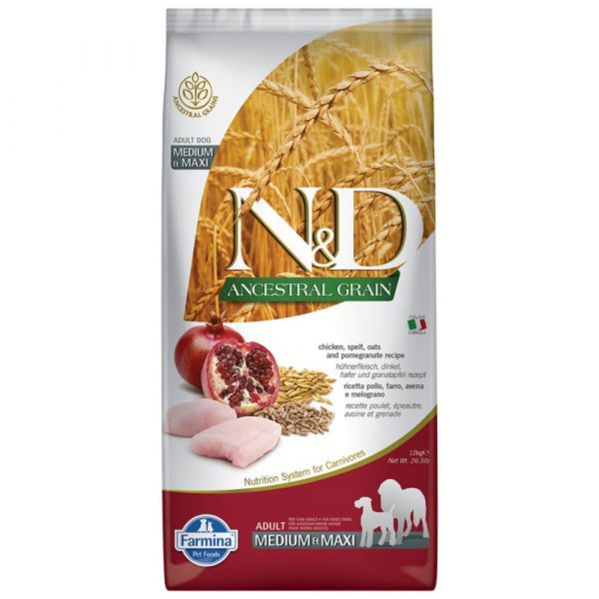 N&D Ancestral Grain Adult Medium/Maxi, M-XL, Pui și Rodie, hrană uscată conținut redus cereale câini, 12kg - 1 | YEO