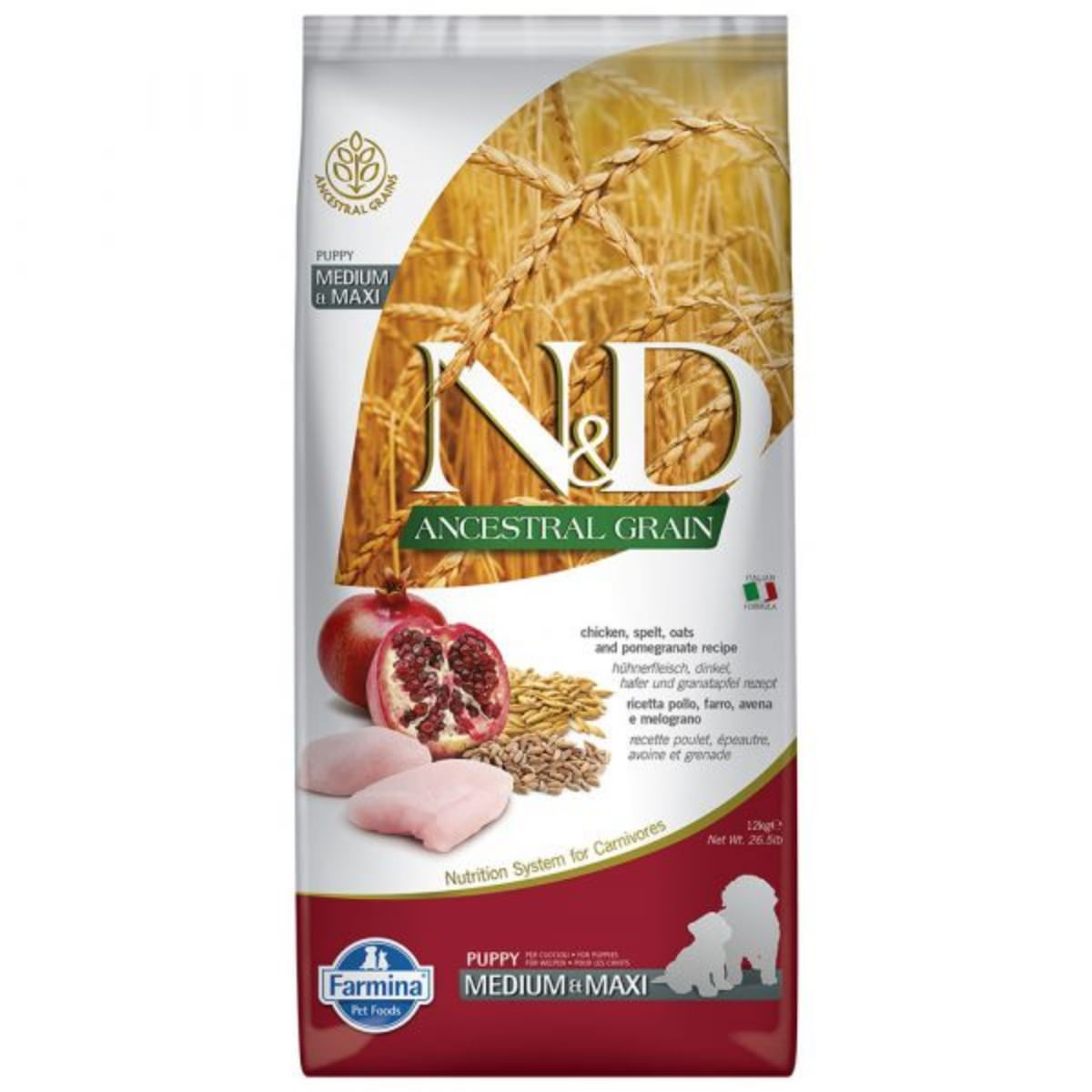 N&D Ancestral Grain Puppy Medium/Maxi, M-XL, Pui și Rodie, hrană uscată conținut redus cereale câini junior, 12kg - 1 | YEO