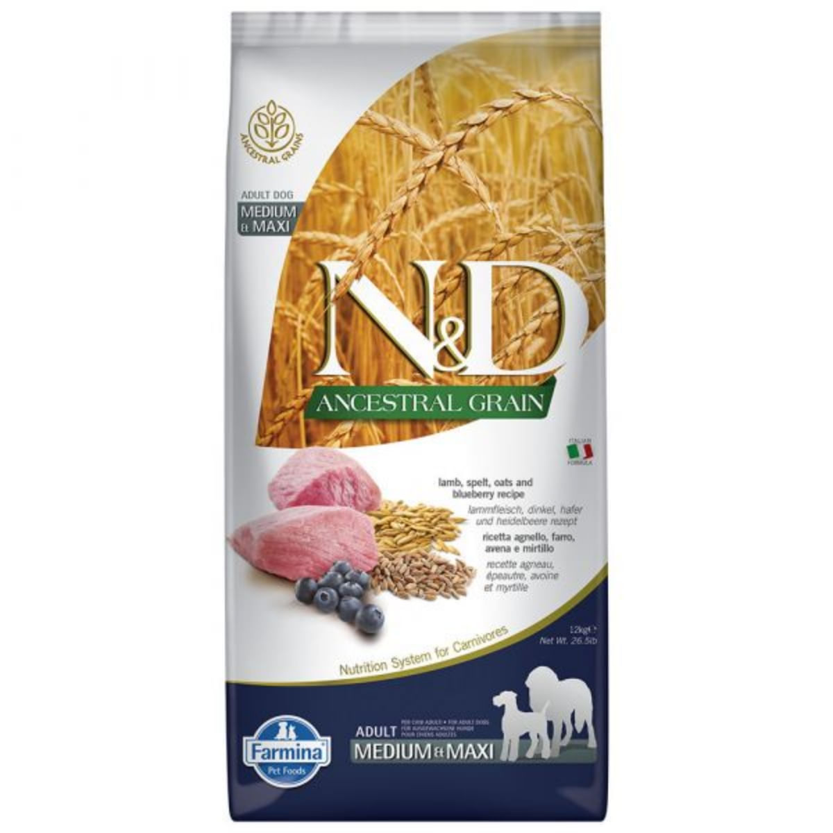 N&D Ancestral Grain Adult Medium/Maxi, M-XL, Miel și afine, hrană uscată conținut redus cereale câini, 12kg - 1 | YEO