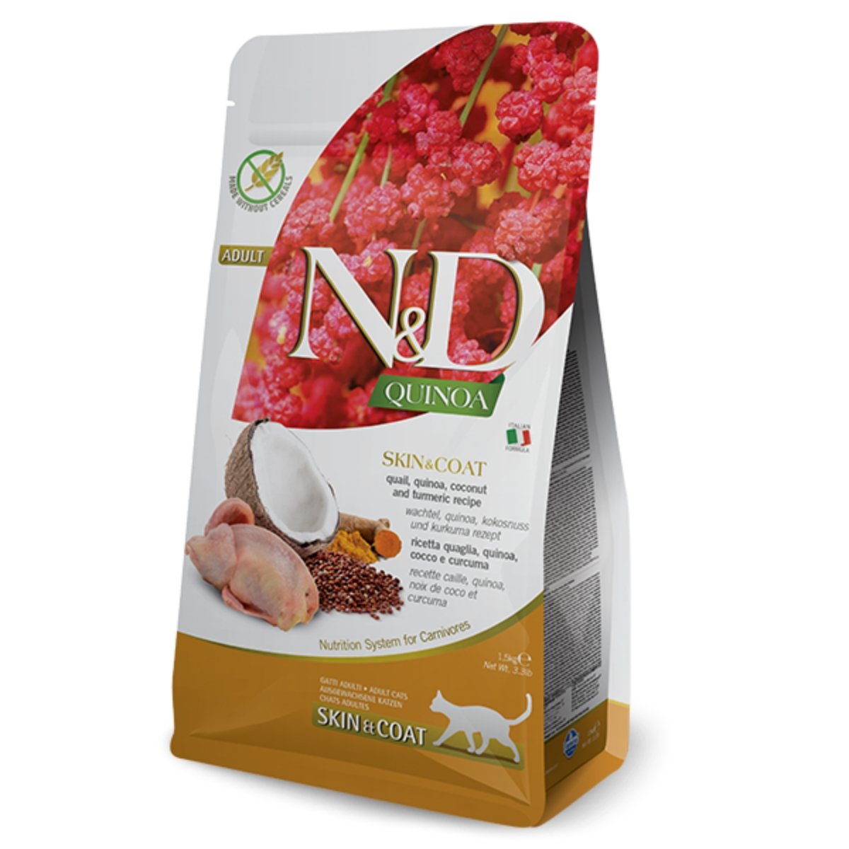 N&D Quinoa Skin & Coat, Prepeliță, hrană uscată fără cereale pisici, piele & blană, 1.5kg - 1 | YEO