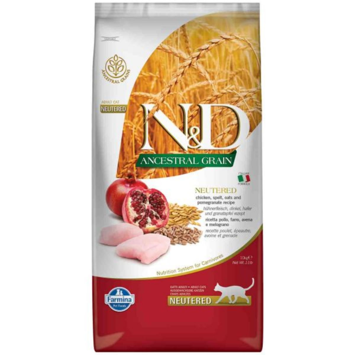 N&D Ancestral Grain Adult Sterilizat, Pui Rodie, hrană uscată conținut redus cereale pisici, 10kg - 1 | YEO