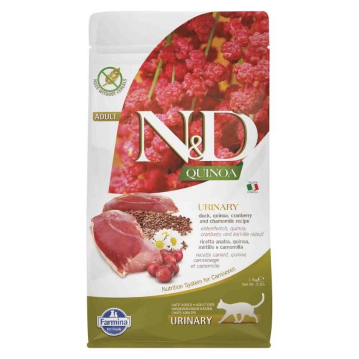 N&D Quinoa Urinary, Rață, hrană uscată fără cereale pisici, sistem urinar, 5kg