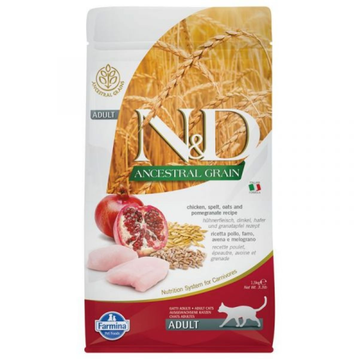 N&D Ancestral Grain, Pui și Rodie, hrană uscată conținut redus cereale pisici, 5kg