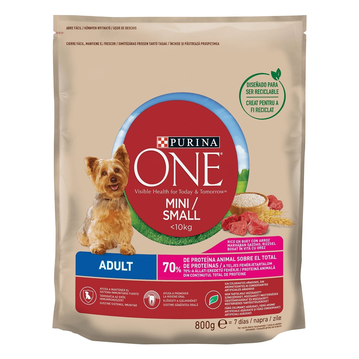 PURINA One Mini Adult, Vită cu Orez, hrană uscată câini, 800g - 1 | YEO