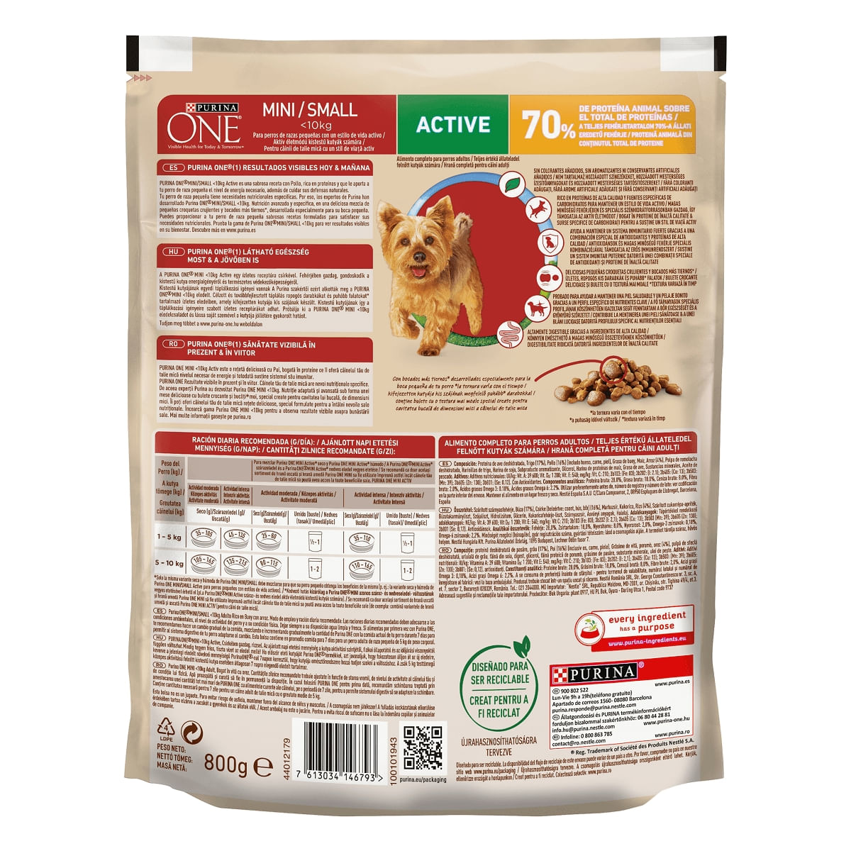 PURINA One Mini Active, Pui cu Orez, hrană uscată câini, activitate intensă, 800g - 3 | YEO