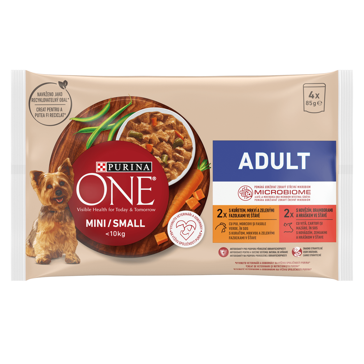 PURINA One Mini Adult, 2 arome, multipack plic hrană umedă câini, (în sos), 85g x 4 - 1 | YEO