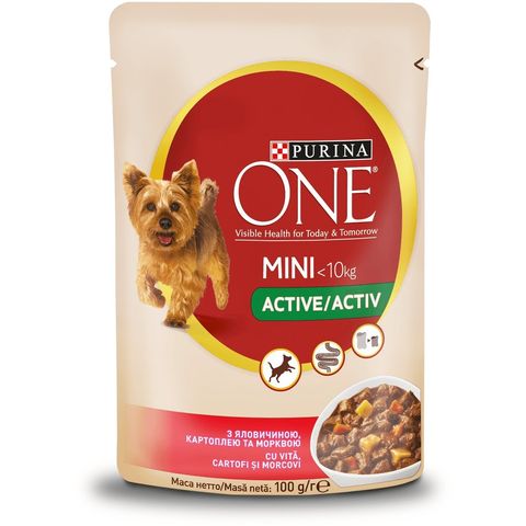 PURINA One Mini Active, Vită cu Cartofi, plic hrană umedă câini, activitate intensă, (în sos), 85g
