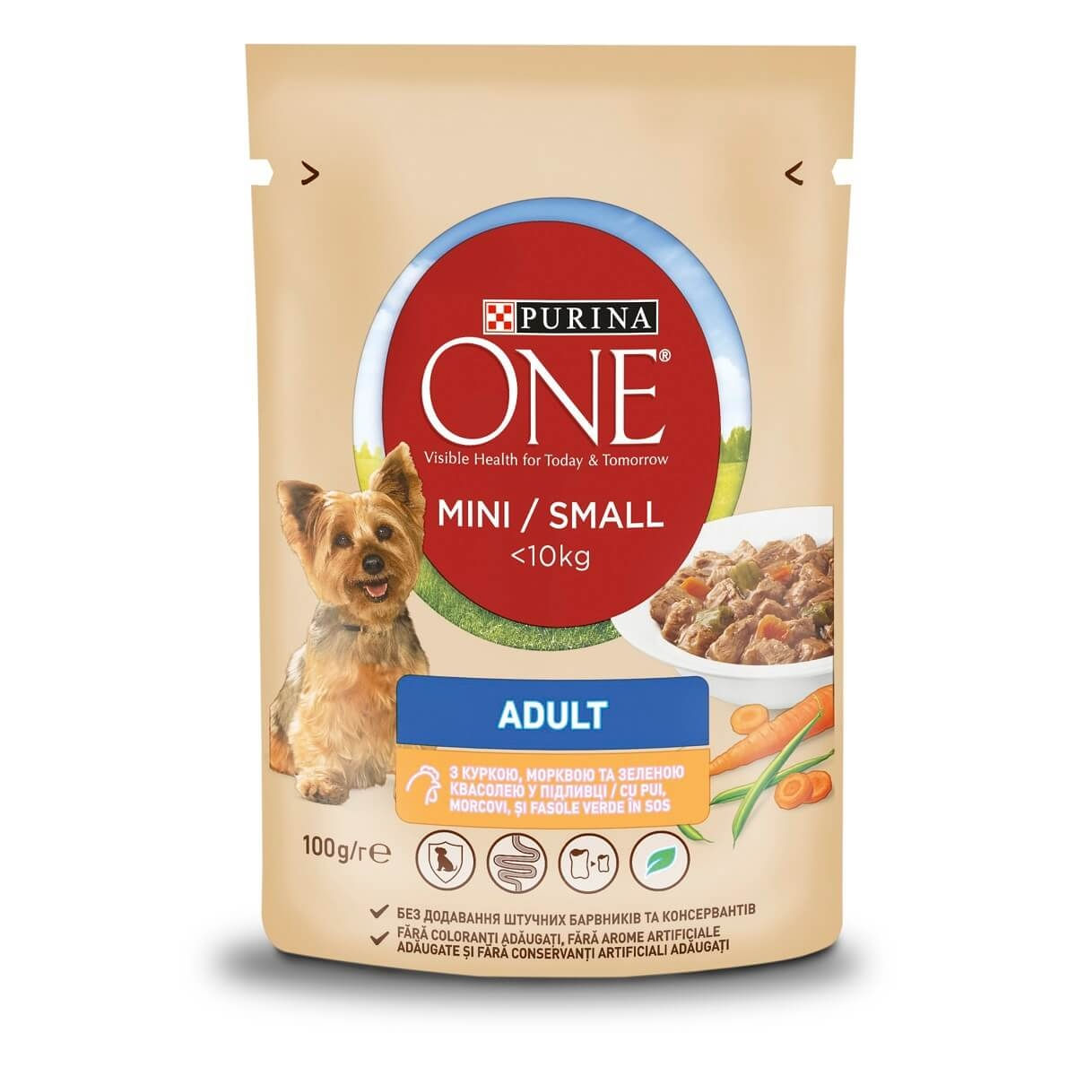 PURINA One Mini Adult, Pui cu Morcov, hrană umedă câini, (în sos) PURINA One Mini Adult, Pui cu Morcov, plic hrană umedă câini, (în sos), 100g