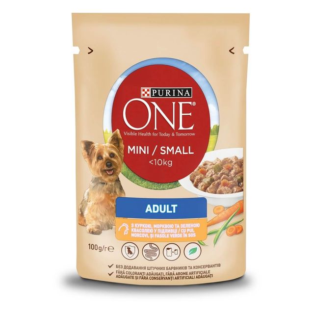 PURINA One Mini Adult, Pui cu Morcov, plic hrană umedă câini, (în sos), 85g