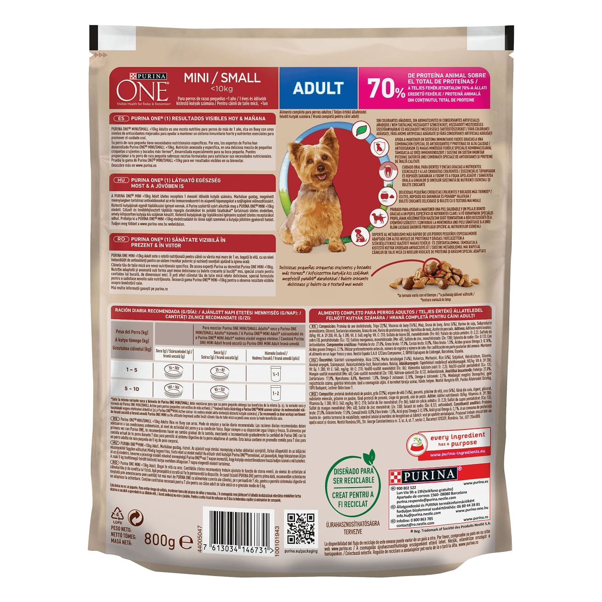 PURINA One Mini Adult, Vită cu Orez, hrană uscată câini, 800g - 3 | YEO