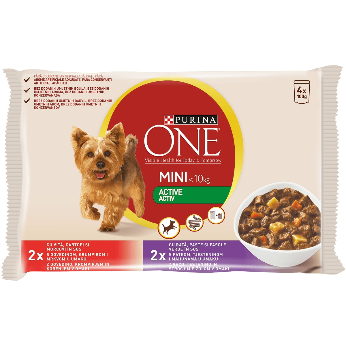 PURINA One Mini Active, 2 arome, multipack plic hrană umedă câini, activitate intensă, (în sos), 100g x 4 PURINA One Mini Active, 2 arome, multipack plic hrană umedă câini, activitate intensă, (în sos), 85g x 4