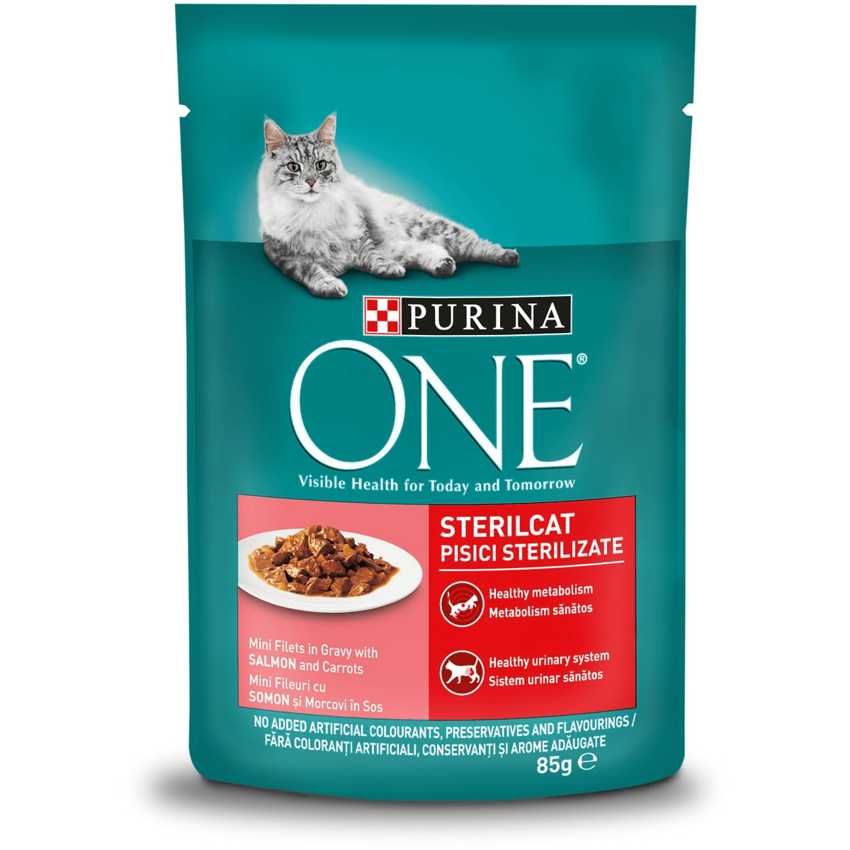 PURINA One Sterilcat, Somon cu Morcov, plic hrană umedă pisici sterilizate, (în sos), 85g - 2 | YEO