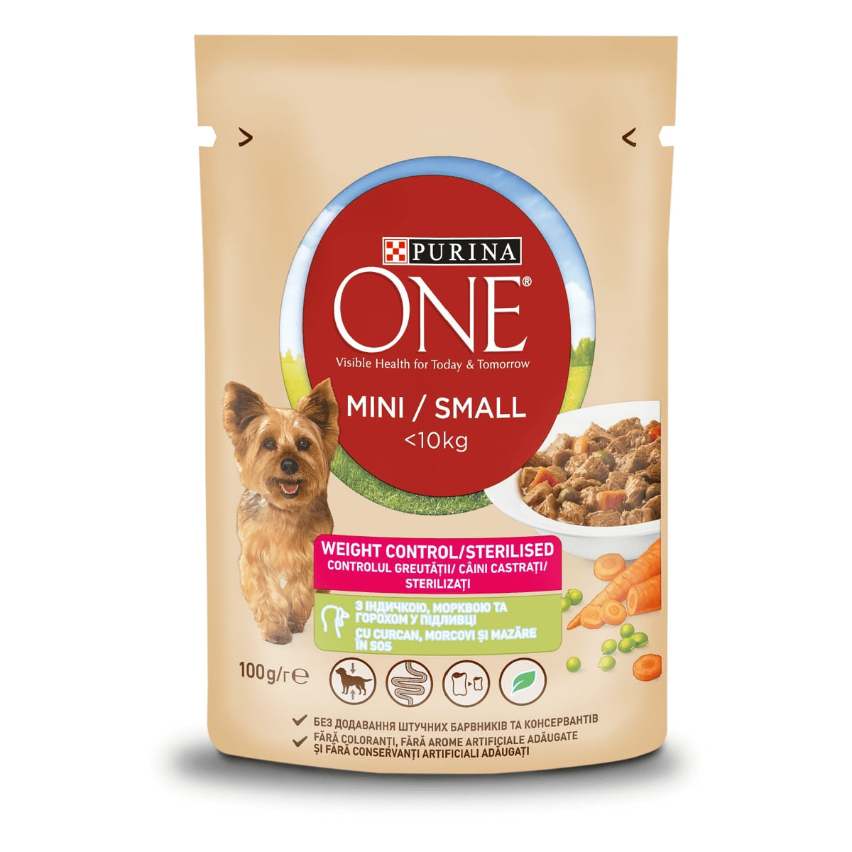 PURINA One Mini Controlul Greutății, Curcan cu Orez, hrană umedă câini, (în sos) PURINA One Mini Controlul Greutății, Curcan cu Orez, plic hrană umedă câini, (în sos), 85g - 1 | YEO