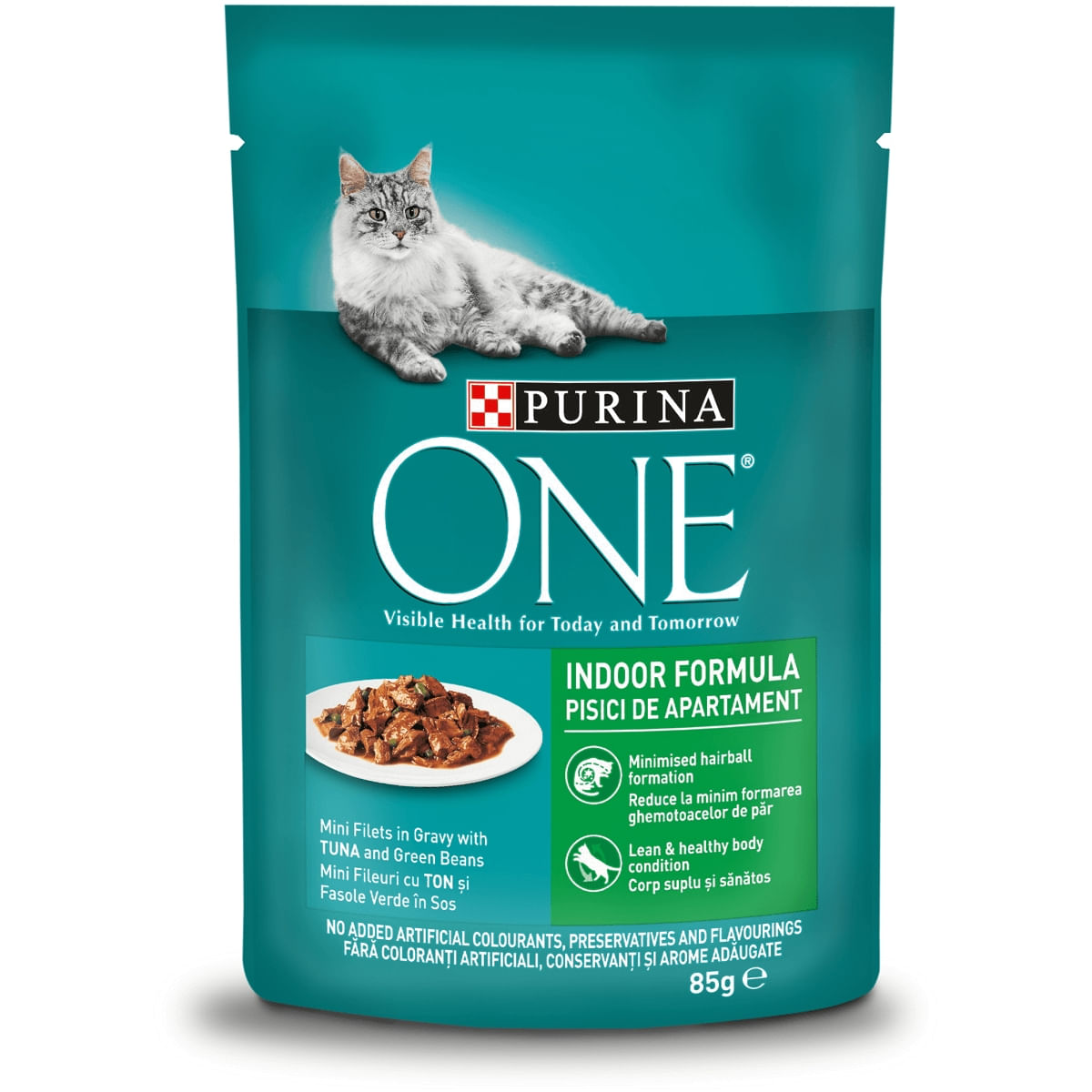 PURINA One Indoor, Ton cu Fasole Verde, plic hrană umedă pisici, (în sos), 85g - 1 | YEO