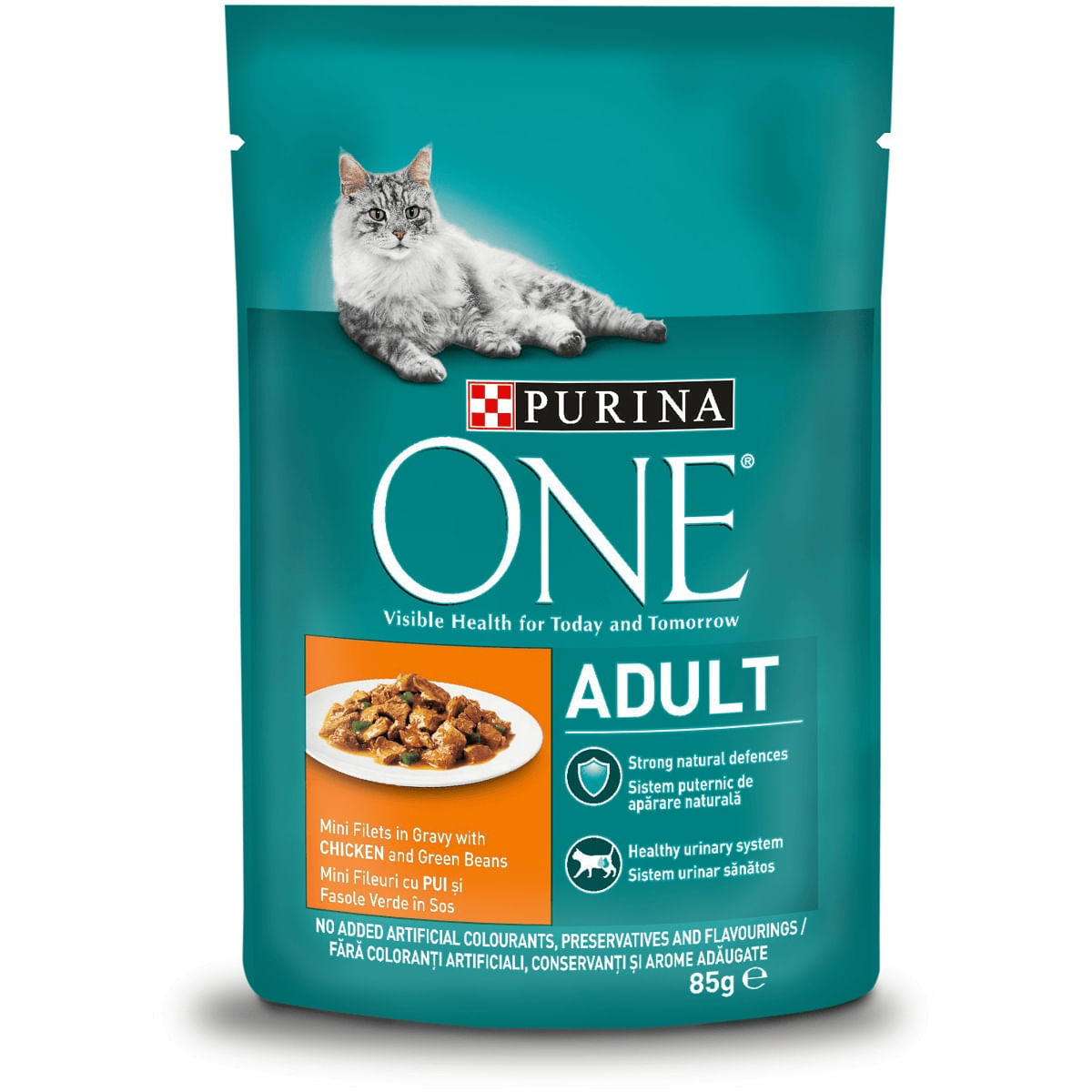 PURINA One Adult, Pui cu Fasole Verde, plic hrană umedă pisici, (în sos), 85g