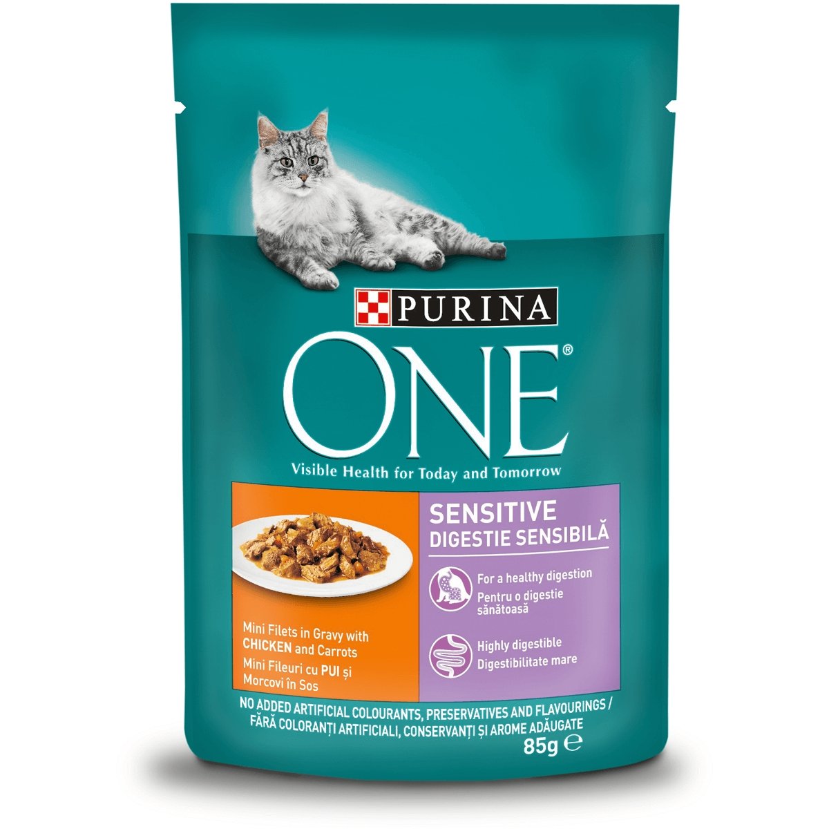 PURINA One Sensitive, Pui cu Morcov, hrană umedă pisici, sensibilități digestive, (în sos) PURINA One Sensitive, Pui cu Morcov, plic hrană umedă pisici, sensibilități digestive, (în sos), 85g - 2 | YEO