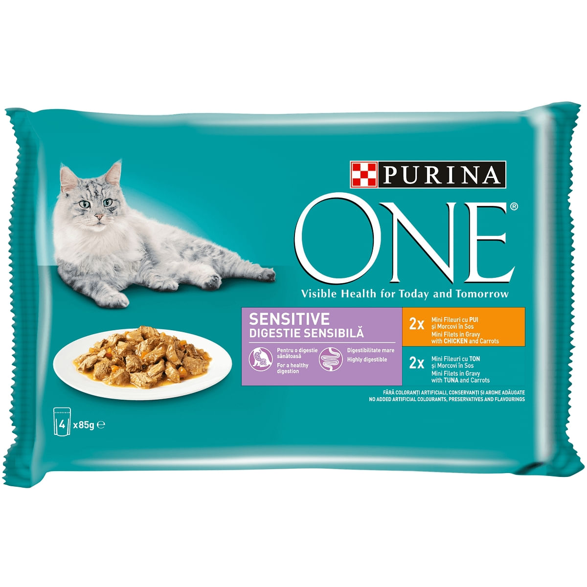 PURINA One Sensitive, Pui/Ton, pachet mixt plic hrană umedă pisici, sensibilități digestive, (în sos), 85g x 4 - 2 | YEO