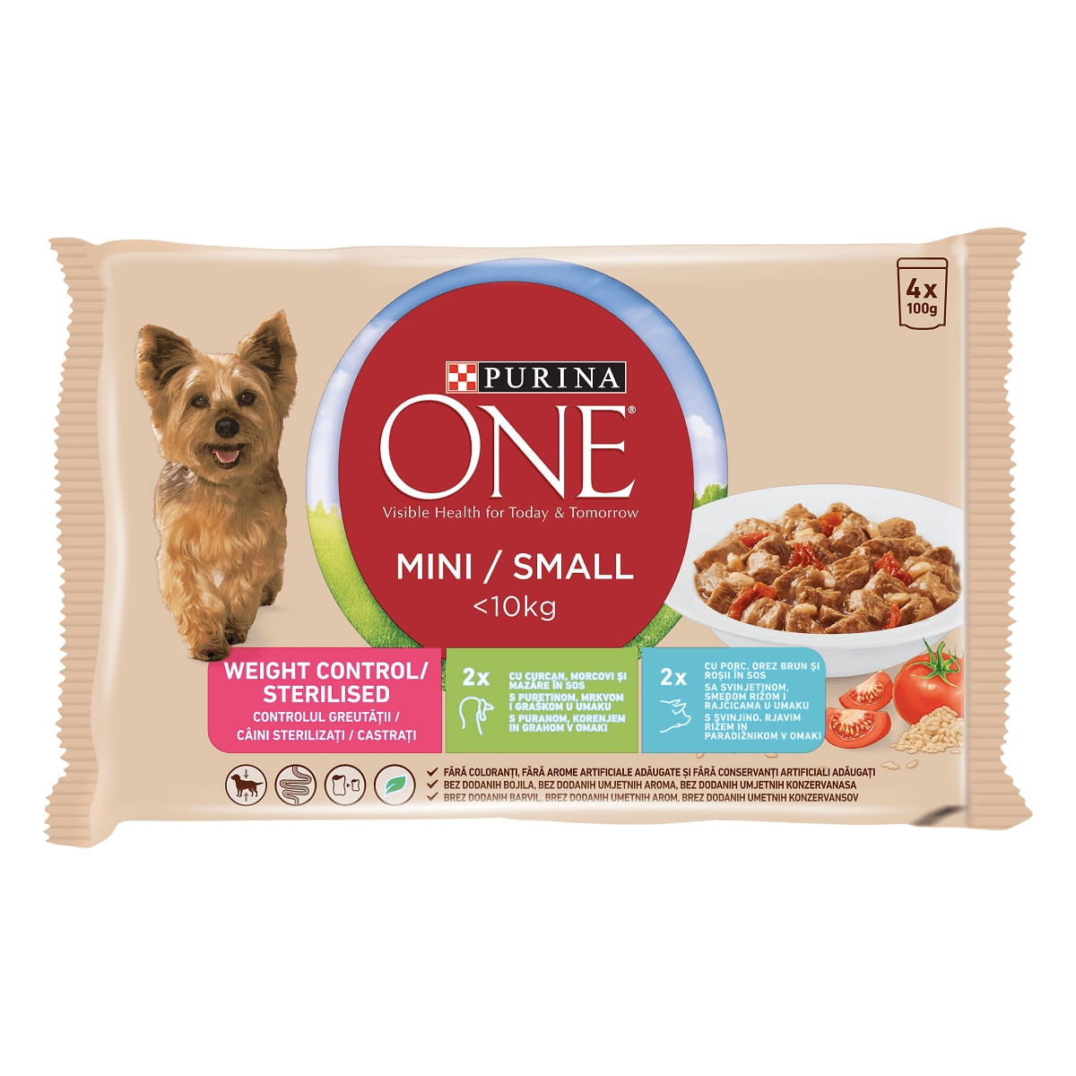 PURINA One Mini Controlul Greutății, 2 arome, mulipack plic hrană umedă câini, (în sos), 100g x 4 PURINA One Mini Controlul Greutății, 2 arome, mulipack plic hrană umedă câini, (în sos), 85g x 4