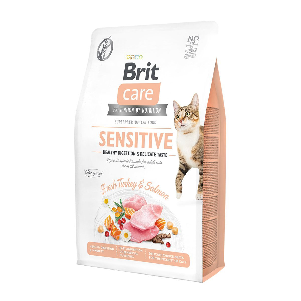 BRIT Care Sensitive Healthy Digestion & Delicate Taste, Curcan și Somon, hrană uscată fără cereale pisici, sensibilități digestive, 400g