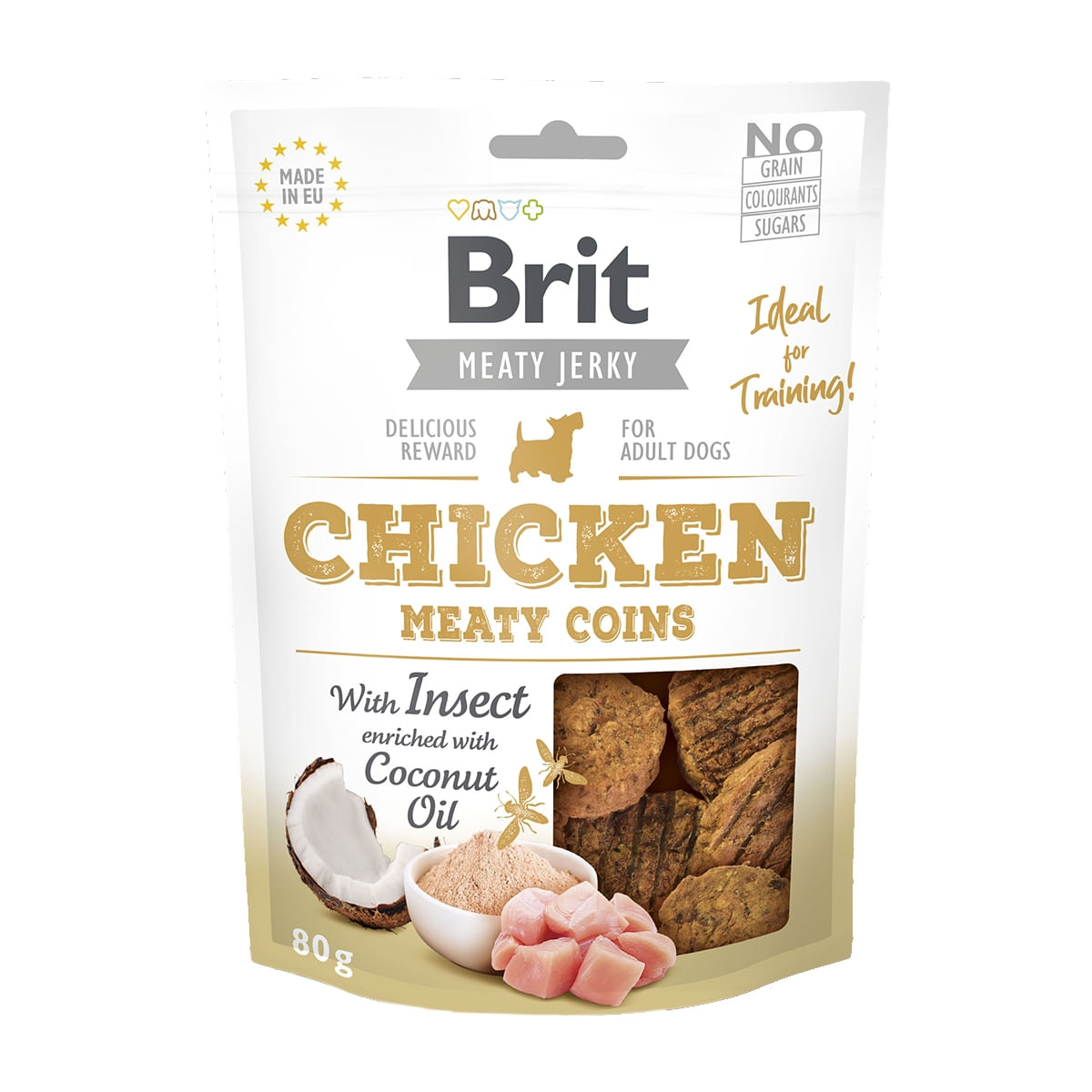 BRIT Jerky Chicken with Insect Meaty Coins, recompense câini, Rondele carne Pui cu Insecte, 80g - 1 | YEO