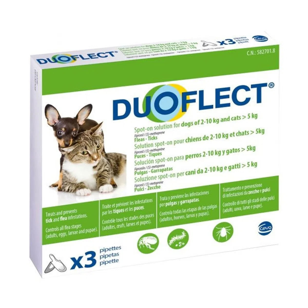 DUOFLECT, spot-on, solutie antiparazitara DUOFLECT, spot-on, soluție antiparazitară, pisici >5kg și câini 2-10kg, 3 pipete - 1 | YEO