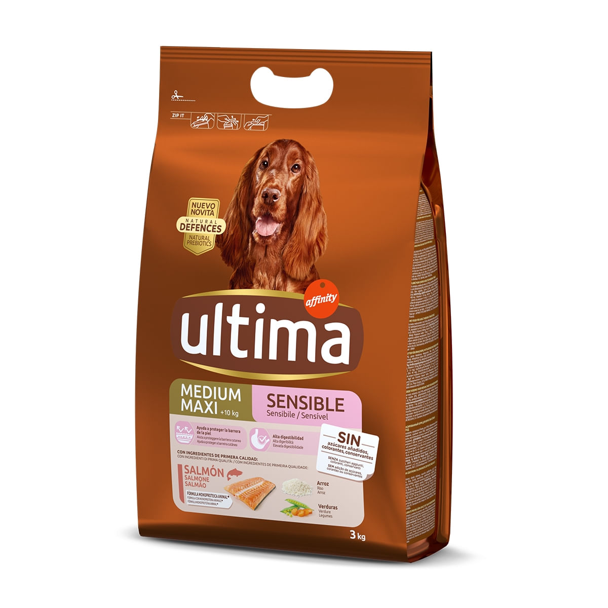 ULTIMA Dog Medium & Maxi Adult Sensitive, Somon, hrană uscată câini, confort digestiv, 3kg