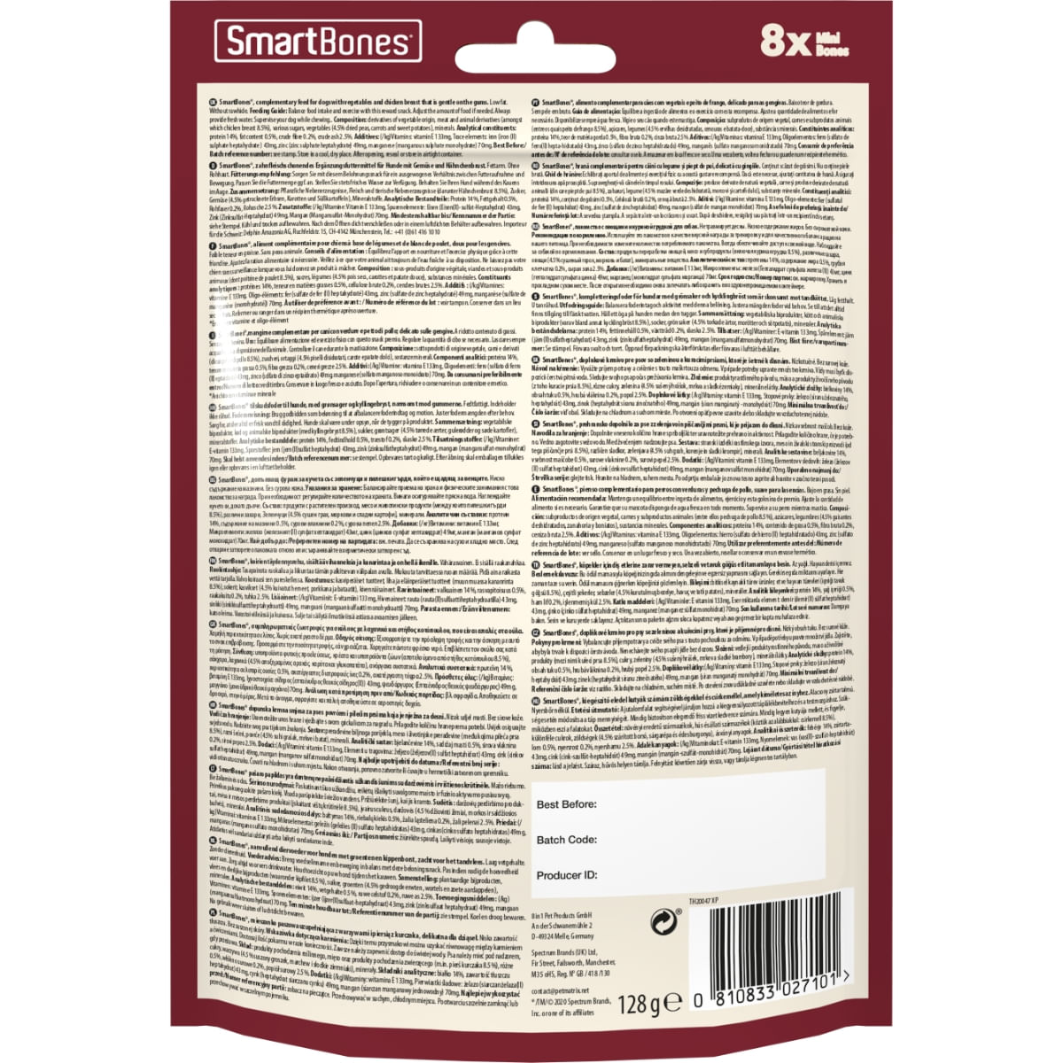 SMARTBONES Classics Chicken Bones Mini, recompense câini, Oase aromate Pui, 8buc