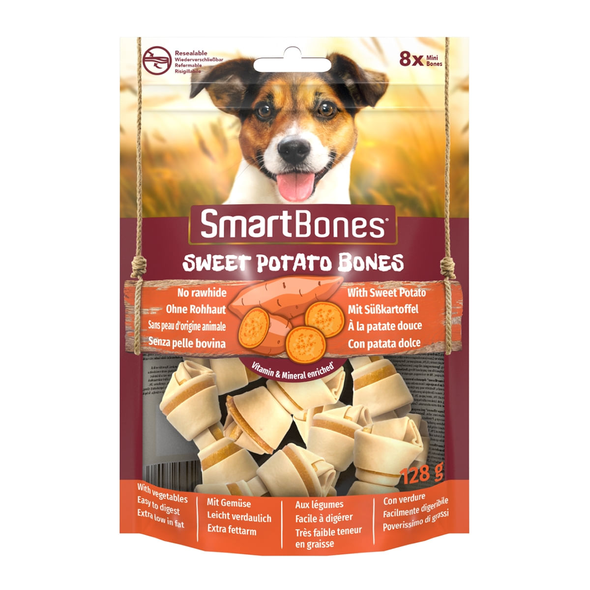 SMARTBONES Flavours Sweet Potato Bones Mini, recompense câini, Oase aromate Cartof Dulce, 8buc