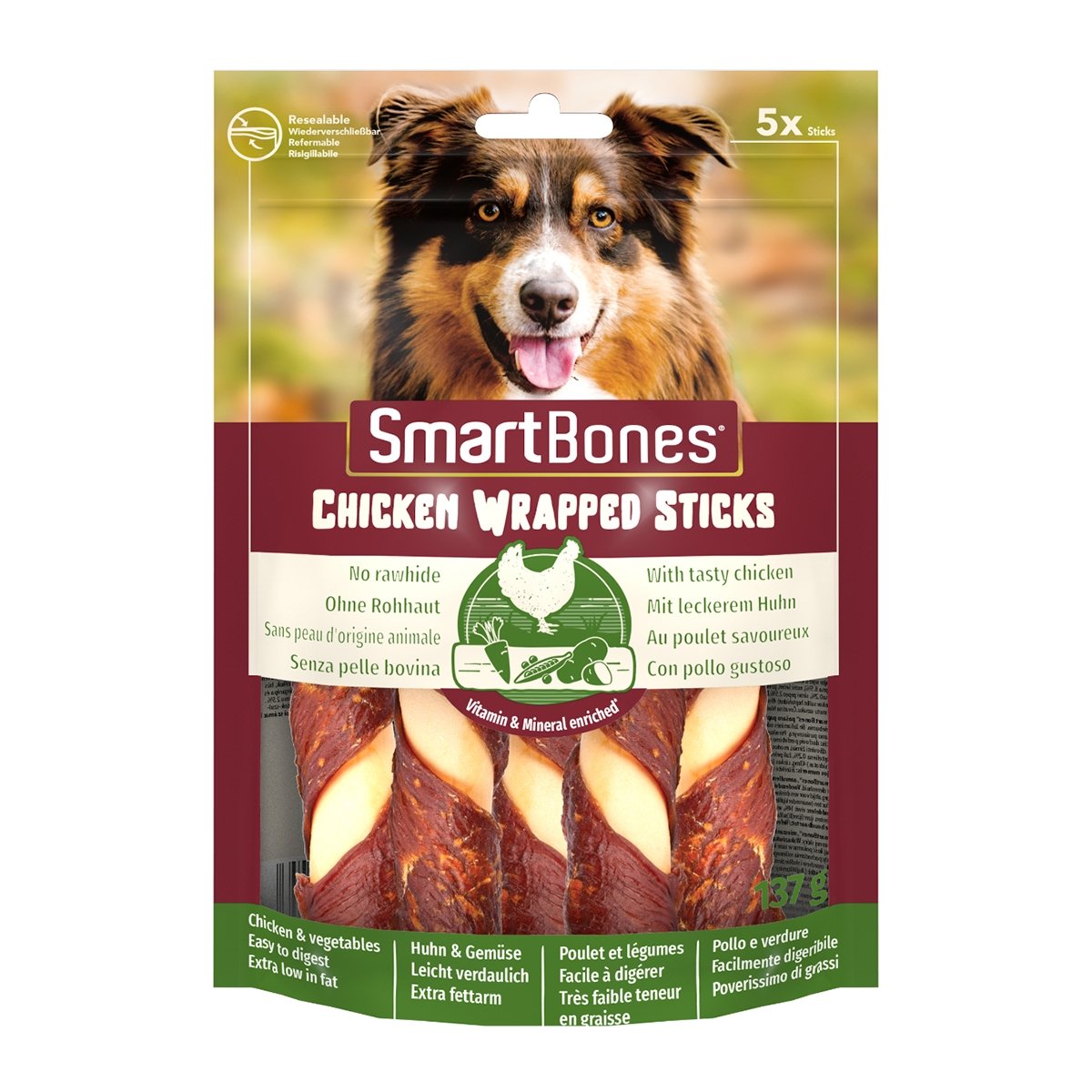 SMARTBONES Classics Chicken Warpped Sticks Mini, recompense câini, Batoane Pui SMARTBONES Classics Chicken Warpped Sticks, recompense câini, Batoane Pui, 5buc