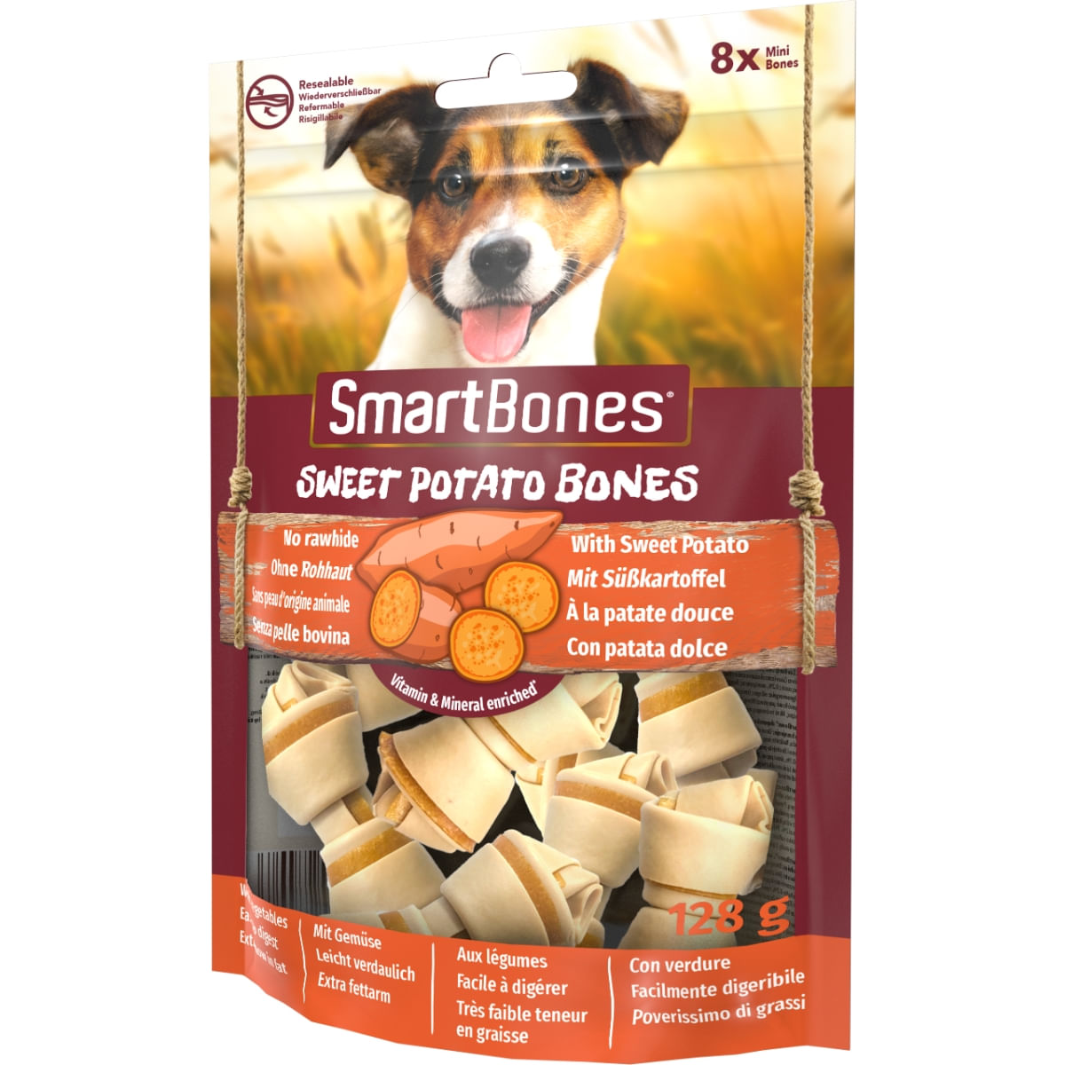 SMARTBONES Flavours Sweet Potato Bones Mini, recompense câini, Oase aromate Cartof Dulce, 8buc