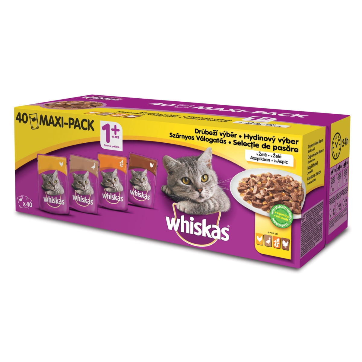 WHISKAS Selecții Pasăre Maxi Pack, 4 arome, pachet mixt, plic hrană umedă pisici, (în aspic), 100g x 40 - 1 | YEO