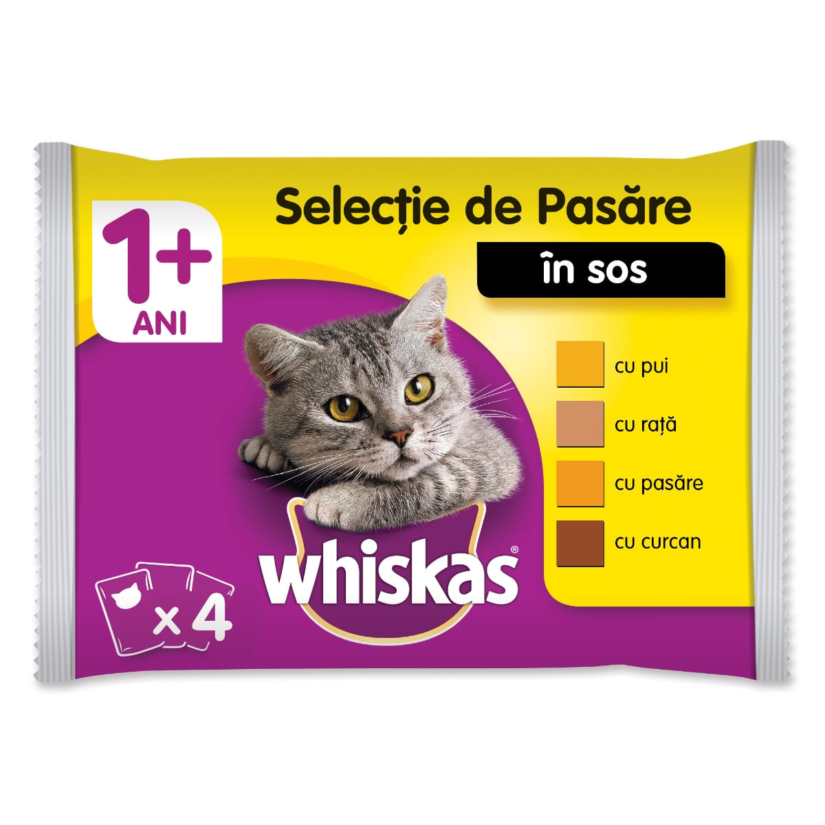 WHISKAS Selecții Pasăre, 4 arome, pachet mixt, plic hrană umedă pisici, (în sos), 100g x 4