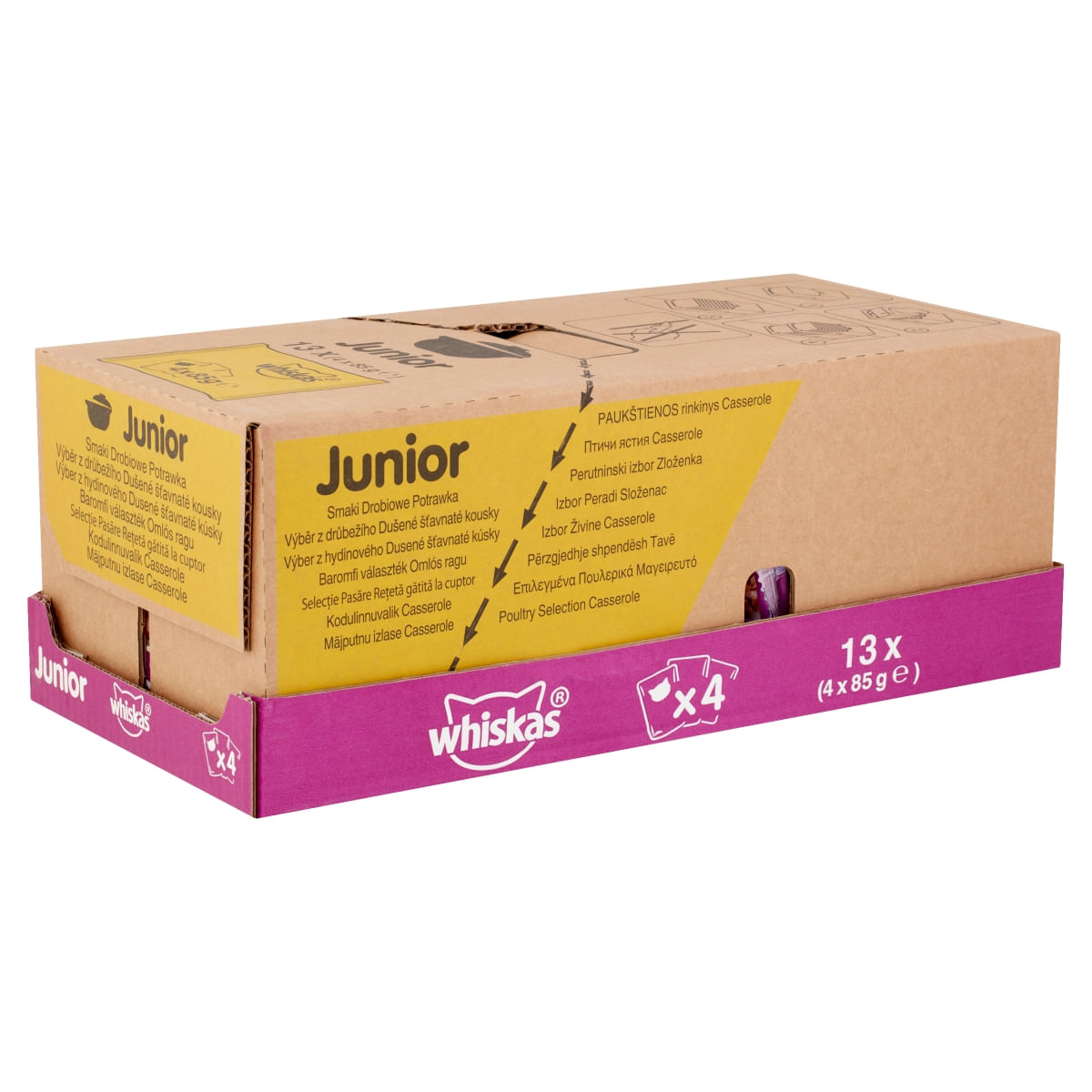 WHISKAS Casserole Selecții Pasăre Junior, 4 arome, pachet mixt, plic hrană umedă pisici junior, (în aspic), 85g x 4 - 1 | YEO