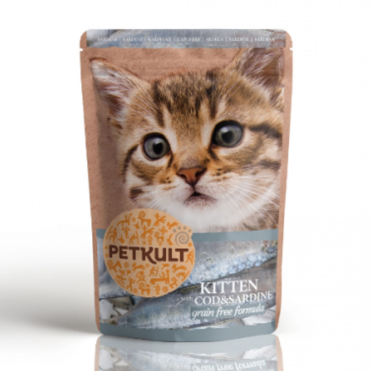 PETKULT Kitten, Cod şi Sardine, plic hrană umedă fără cereale pisici junior, 100g - 1 | YEO