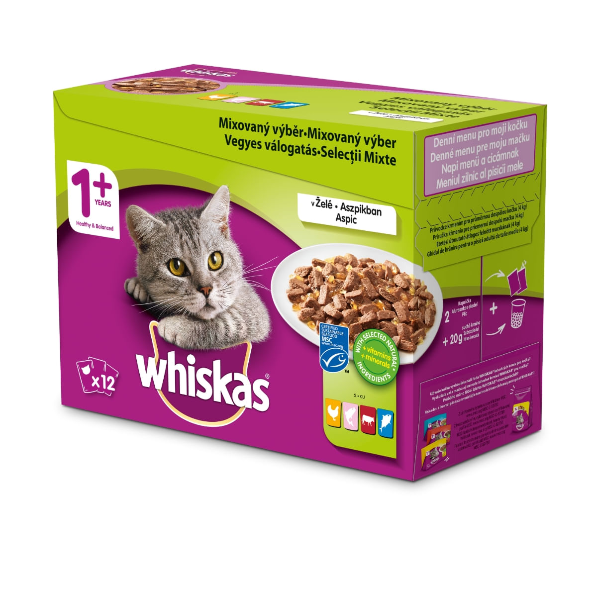 WHISKAS Selecții Mixte, 4 arome, pachet mixt, plic hrană umedă pisici, (în aspic), 100g x 12 - 1 | YEO