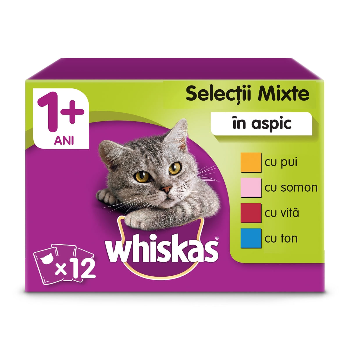 WHISKAS Selecții Mixte, 4 arome, pachet mixt, plic hrană umedă pisici, (în aspic), 100g x 12