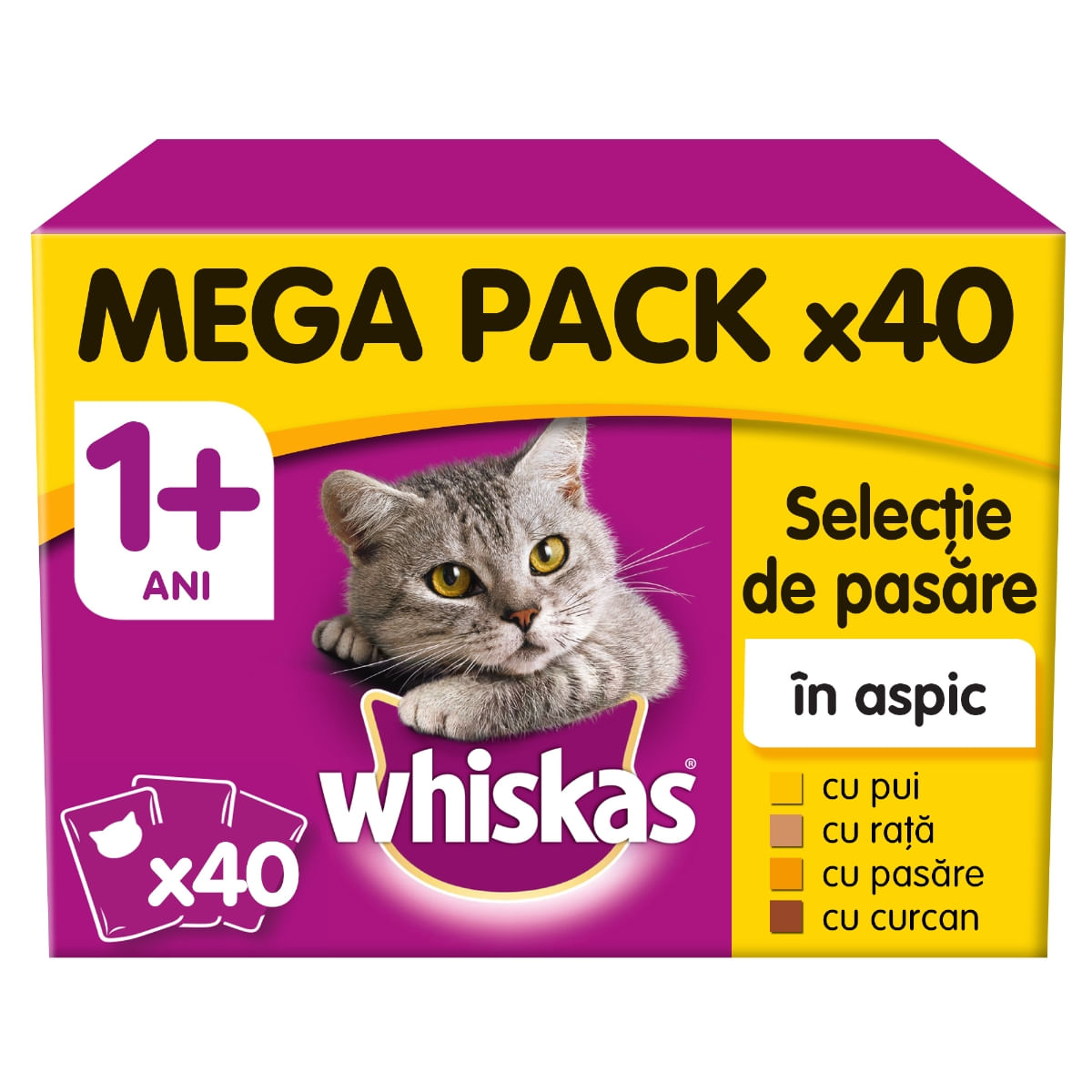 WHISKAS Selecții Pasăre Maxi Pack, 4 arome, pachet mixt, plic hrană umedă pisici, (în aspic), 100g x 40 - 2 | YEO