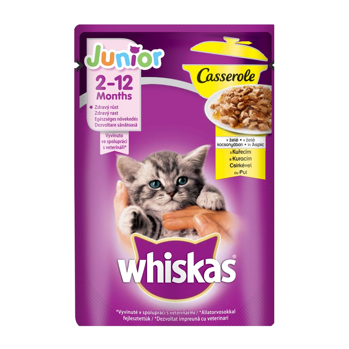 WHISKAS Casserole Junior, Pui, plic hrană umedă pisici junior, (în aspic), 85g