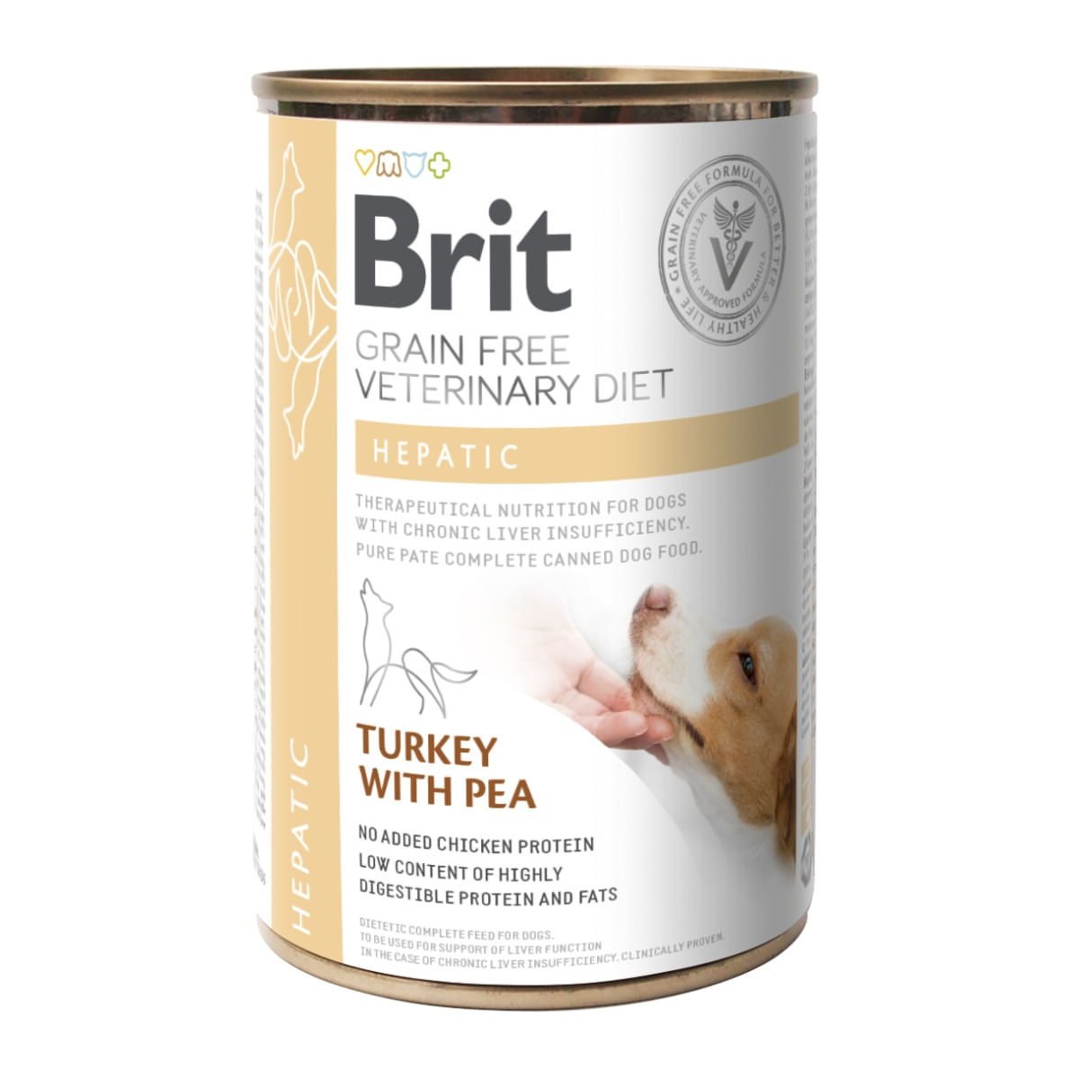 BRIT GF Veterinary Diet Hepatic, Curcan cu Mazăre, dietă veterinară câini, conservă hrană umedă fără cereale, afecțiuni hepatice, 400g