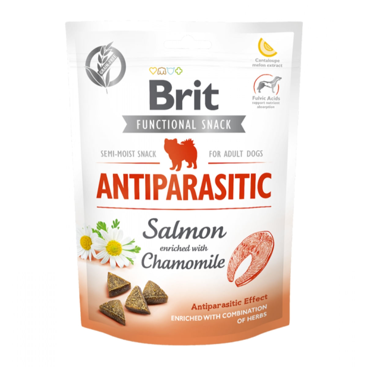 BRIT Care Functional Snack Antiparasitic, Somon cu Mușețel, recompense funționale fără cereale câini, antiparazitar, 150g