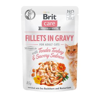 BRIT Care Fillets In Gravy, Curcan și Somon, plic hrană umedă fără cereale pisici, (în sos), 85g
