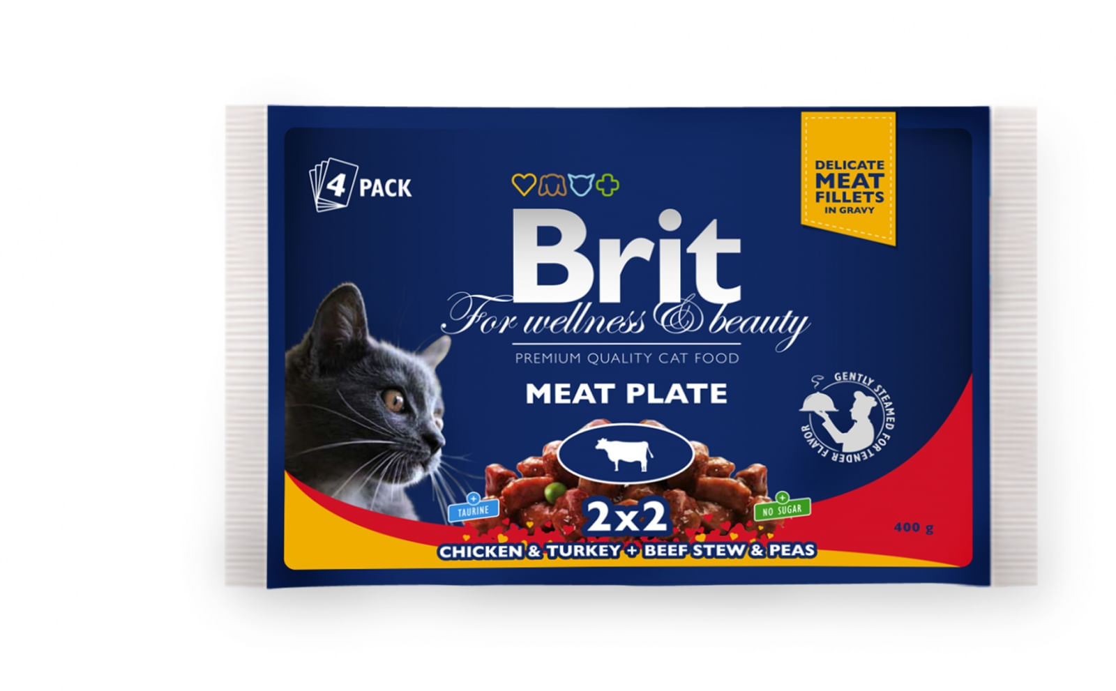 BRIT Premium Multipack Meat Plate, 2 arome, pachet mixt, plic hrană umedă pisici, (în sos), 100g x 4